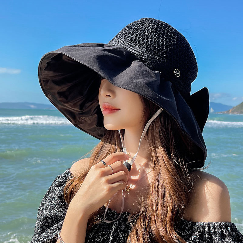 【 Event 】 New black rubber sun hat, women's UV protection face shield, sun hat with a large brim and an open top, foldable sun hat Specification image