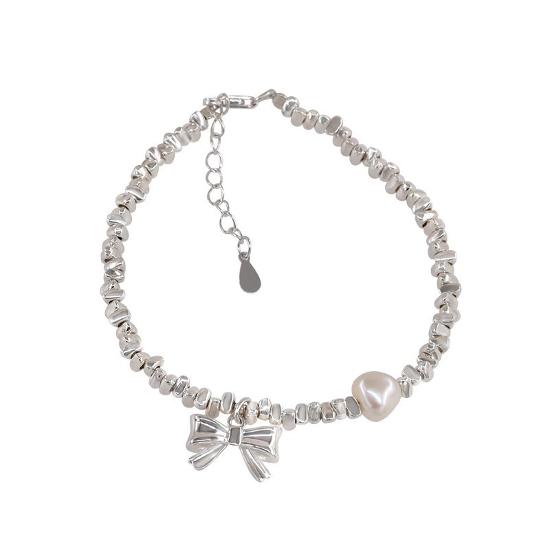 2023 New Broken Silver Pearl Bracelet Female Simple Cold Wind Bow Bracelet Niche Design Boudoir Hand Jewelry Item Picture