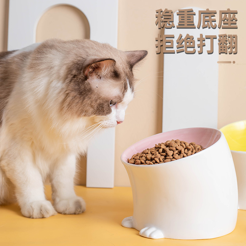 一件代发猫碗陶瓷猫粮狗碗防打翻猫咪饭盆宠物斜口吃饭高脚猫食盆
