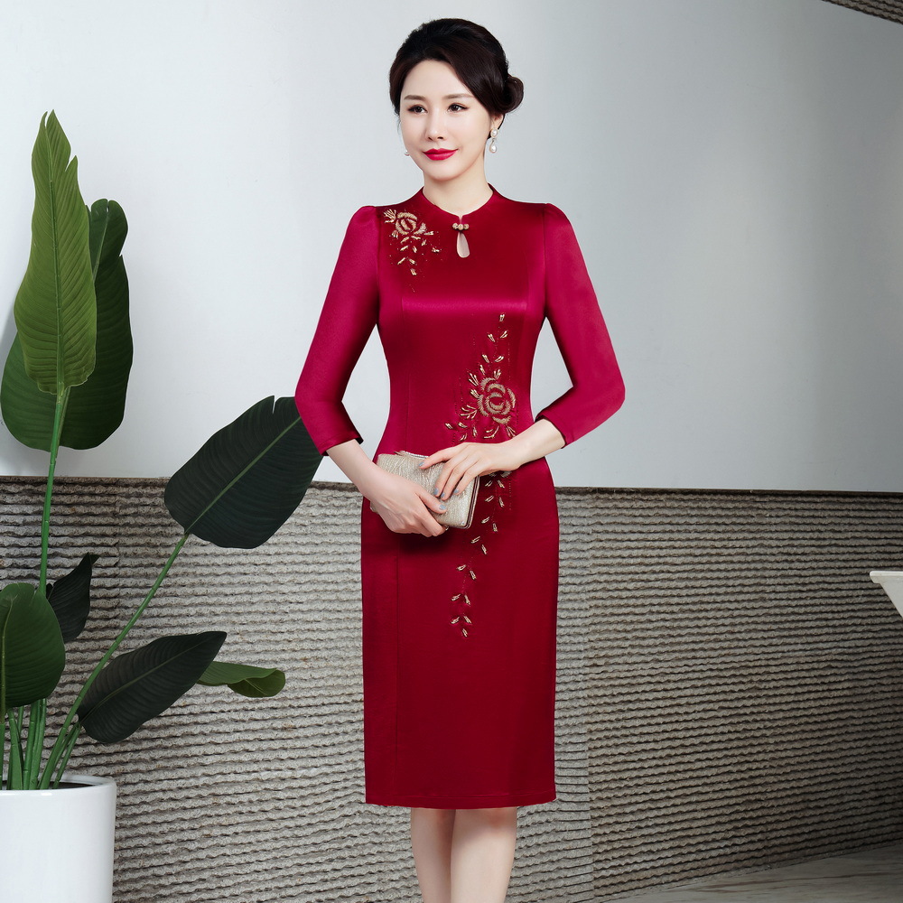 醋酸2022秋季新款旗袍连衣裙婚礼妈妈装女高贵喜婆婆服装婚宴批发