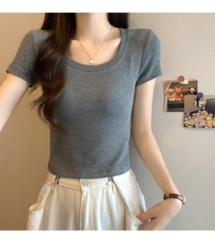 韩系灰色正肩短袖t恤女2026夏季新款爆款修身显瘦小个子短款上衣详情5