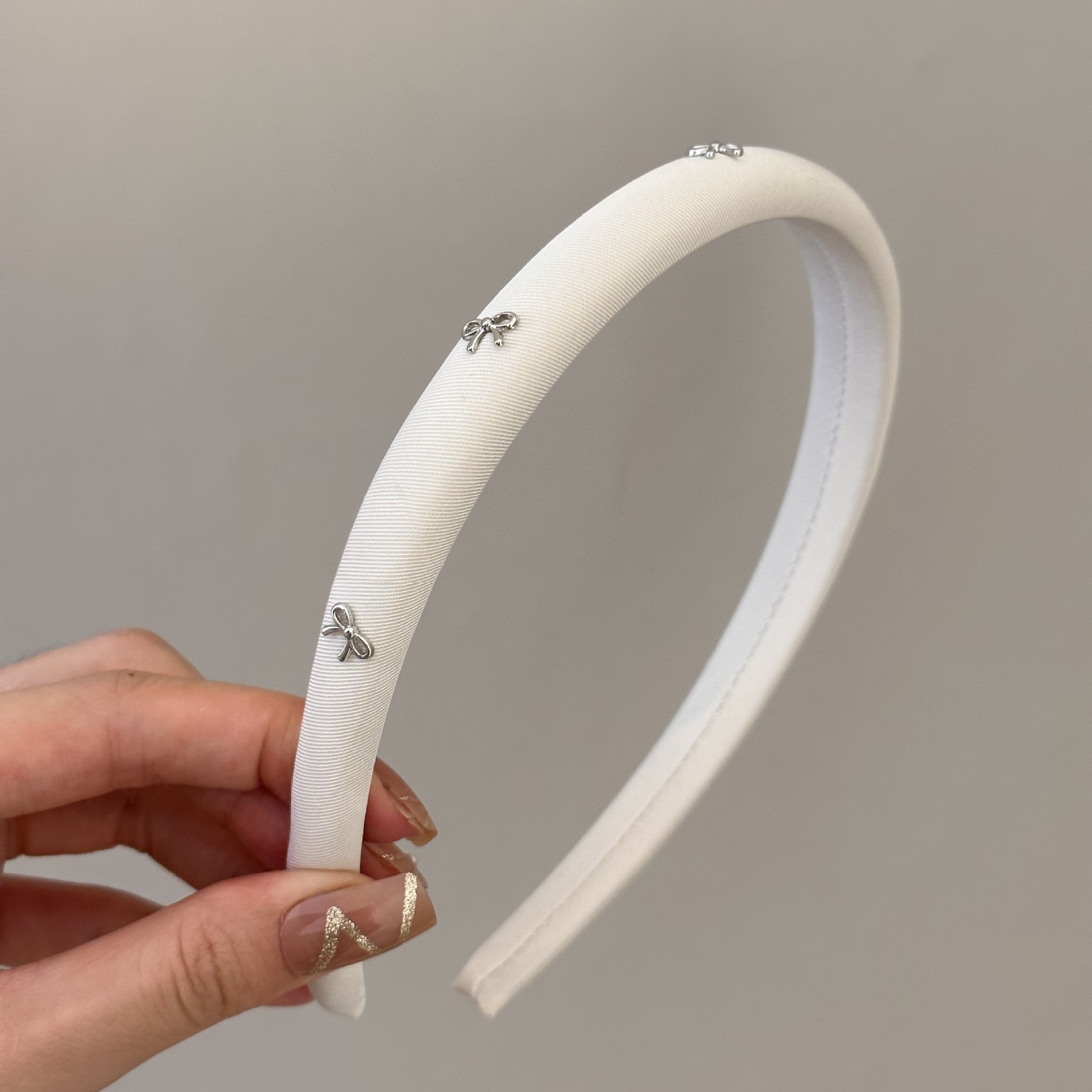 New Korean-style narrow style silver bow solid color fabric sponge high head band headband for women pic 7