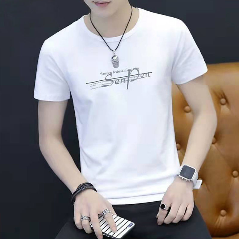 Men's short-sleeved T-shirt for slimming summer wear, white trendy brand trendy T-shirt, half-sleeved men's clothing details Picture