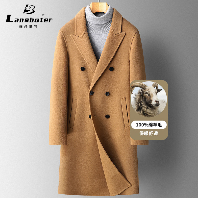 New 100% woolen overcoat for men in autumn and winter, long double-breasted double-sided wool overcoat, knee-length coat for men details Picture