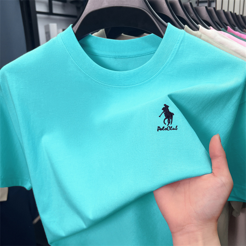 100% cotton solid color embroidered men's T-shirt 2025 Summer new style round neck breathable and sweat-absorbing thin short-sleeved men's hair service details Picture