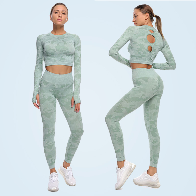 Europe and the United States seamless shape super elastic hip shark pants quick dry fitness long sleeve yoga suit two pieces of women thumbnail