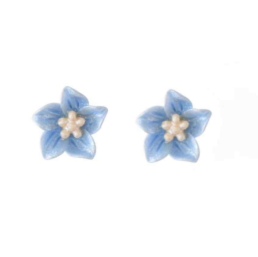 Blue and fresh resin small flower ear studs, sweet and cute new silver needle earrings, earrings, ear clips, mosquito repellent trays from Japan and South Korea Item Picture