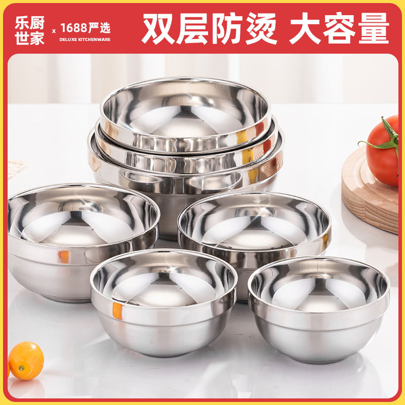 加厚304不锈钢碗双层防烫碗铂金面碗食堂家用儿童汤碗米饭碗