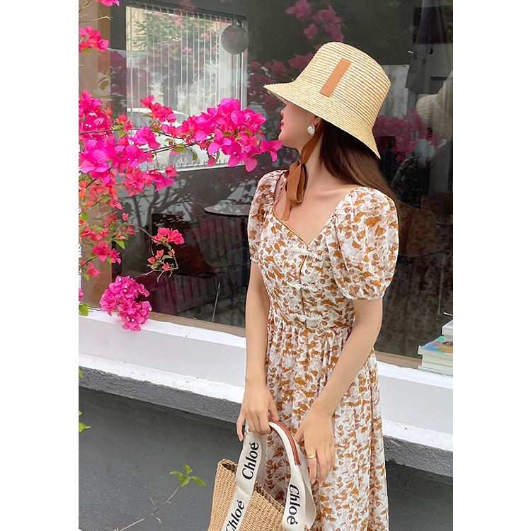 2022 New retro French floral print dress for summer women's wear, a new Chinese-style slanted collar and puffed sleeve mid-length dress Specification image