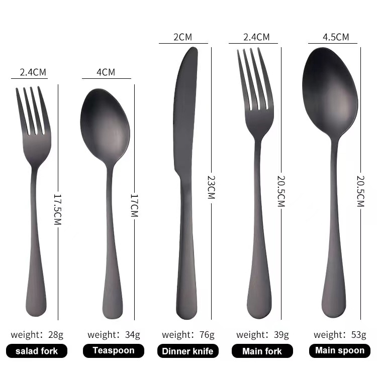 亚马逊跨境1010不锈钢餐具套装 镀钛哑光黑西餐牛排刀叉勺五组件详情图2