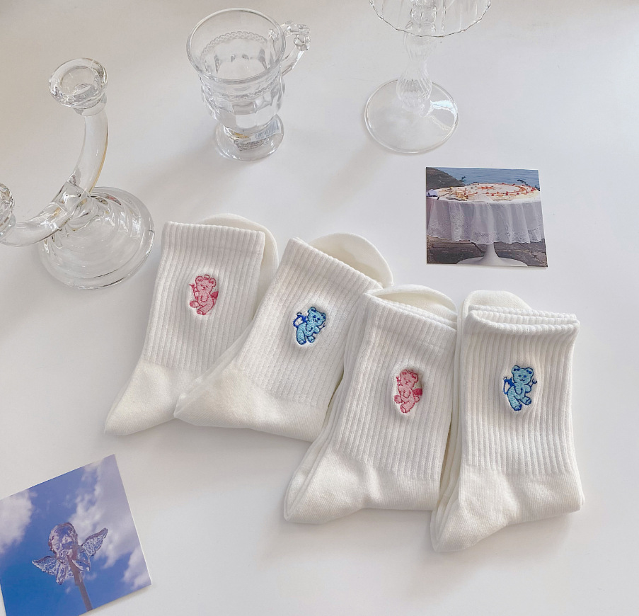 Mid-calf socks, cute angel embroidery socks, pure cotton ins, trendy and sweet, versatile Japanese white cartoon long socks