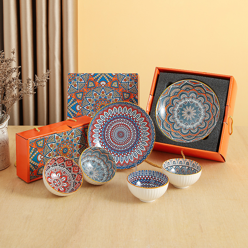 Bohemian-style ceramic bowls, plates, spoons and tableware gift box set event hand-mixed gifts can be printed with LOGO Application Scenario