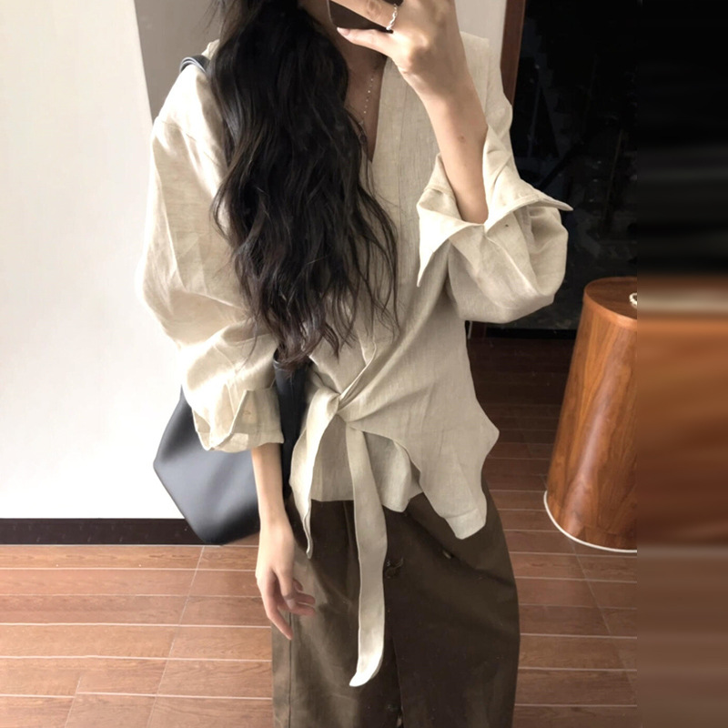 2025超火不规则极简亚麻长袖衬衫衬衣女设计感独特漂亮掐腰上衣