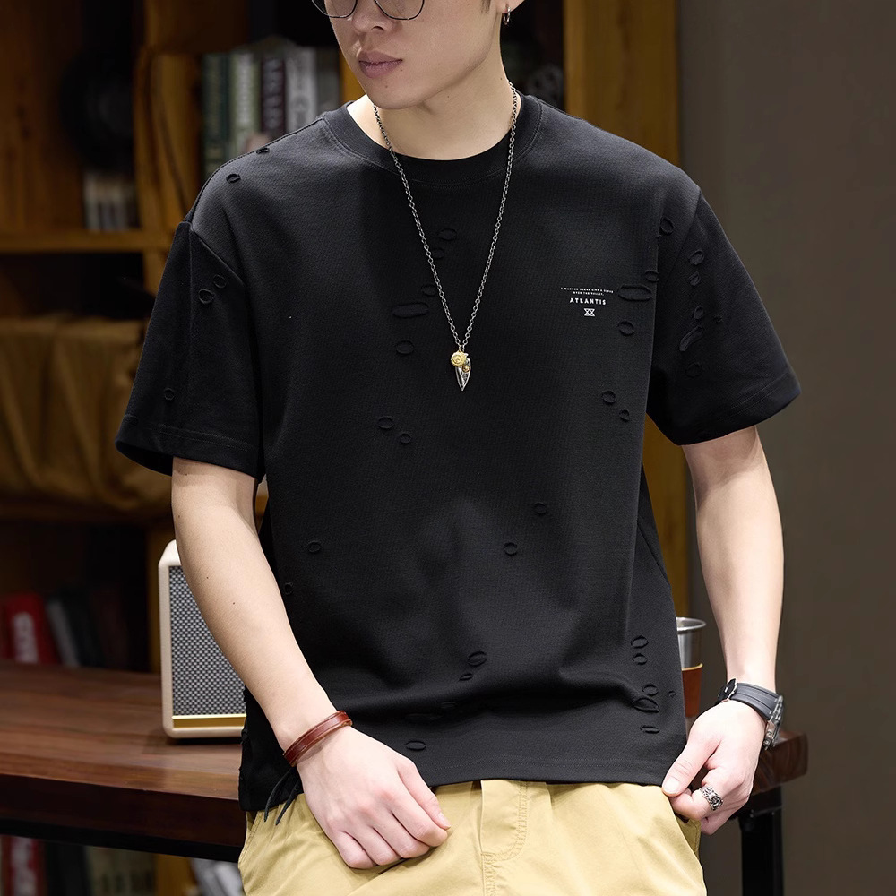 American design sense perforated short-sleeved T-shirt for men's summer 2025 new style loose half-sleeved top men's trendy T-shirt Application Scenario