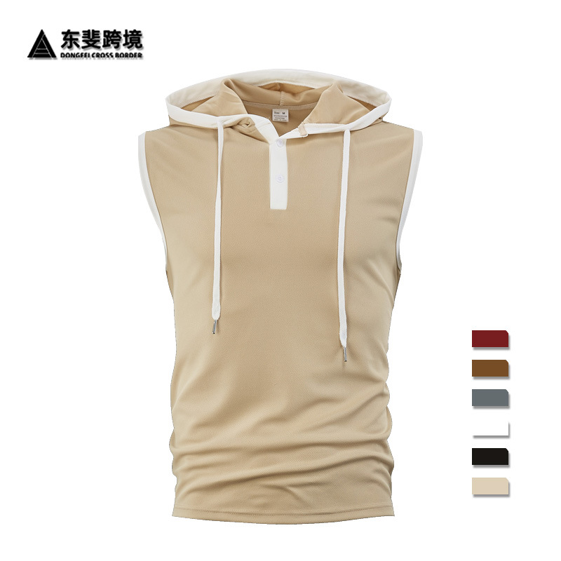 欧美跨境亚马逊2025夏新款男士背心重磅连帽坎肩潮牌休闲无袖T恤图