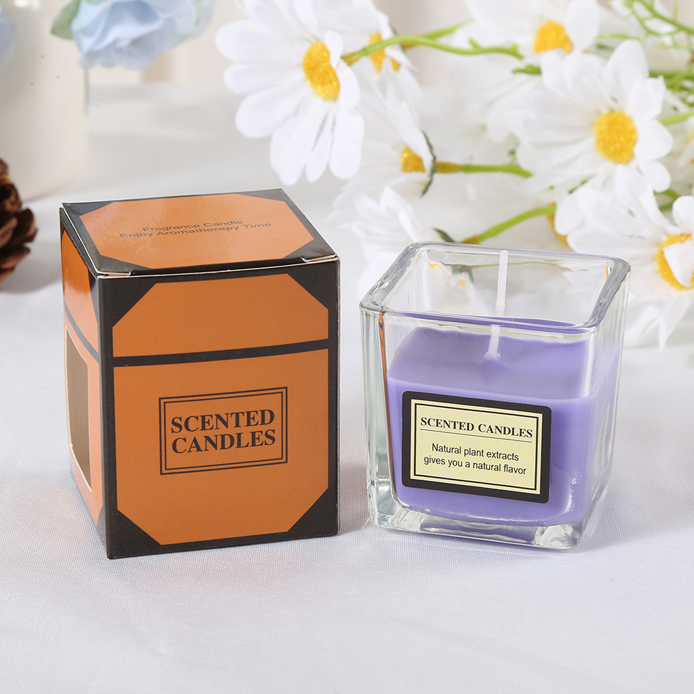 Household plant wax scented candles, candy-colored square glass cups, scented candles, romantic bedroom decoration candles Application Scenario