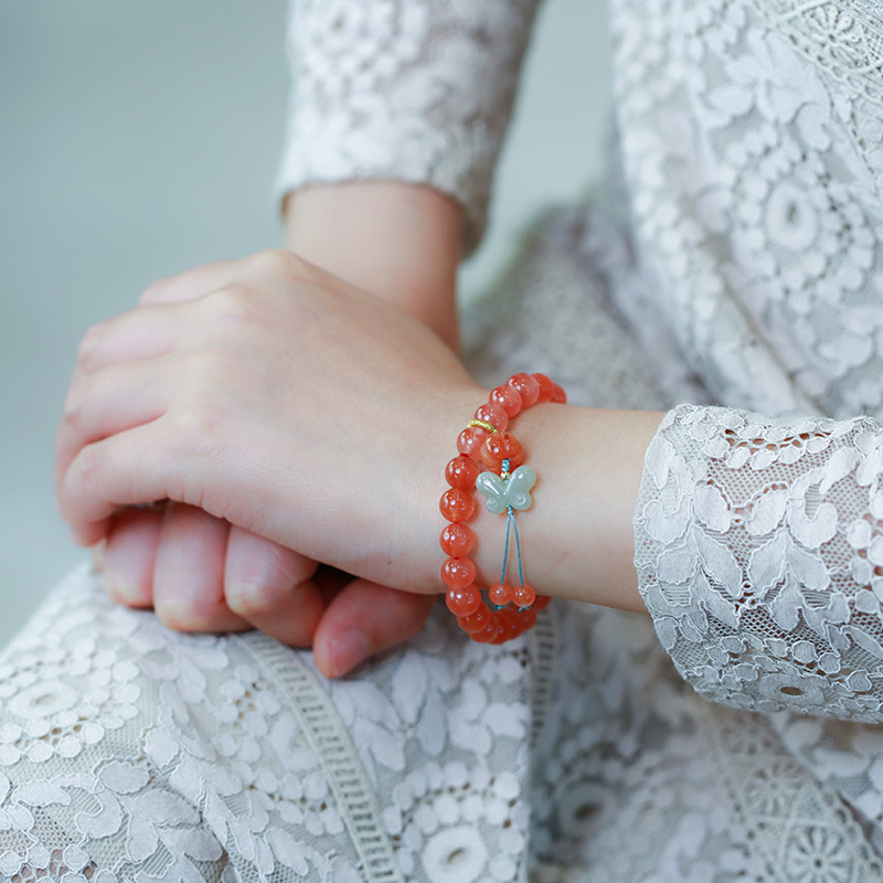 Natural Nan Hong agate single-circle bracelet, Hetian jade butterfly tassel, retro ethnic style bracelet for women wholesale Specification image