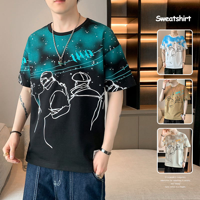 2023 Summer New short-sleeved T-shirt for men, round-neck casual half-sleeved base layer, trendy youth top for men Specification image