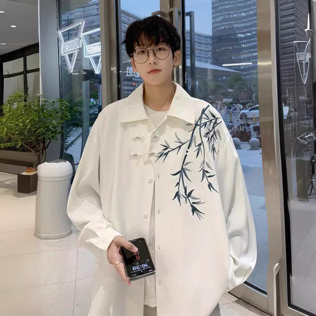 新中式国风长袖衬衫男生装春秋宽松刺绣汉服盘扣唐装道袍衬衣外套