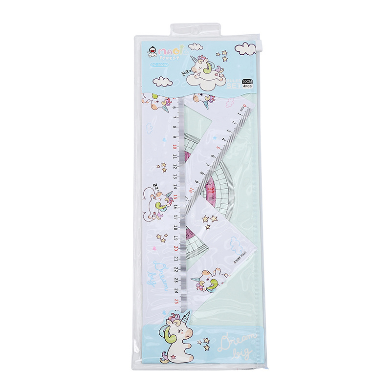 2021 new unicorn cartoon ruler set student set ruler, ruler, triangle protractor 4 pieces wholesale Item Picture