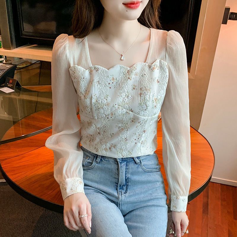 Lace patchwork chiffon shirt for women 2023 autumn new style, fresh and sweet, with a unique American collar and floral print top