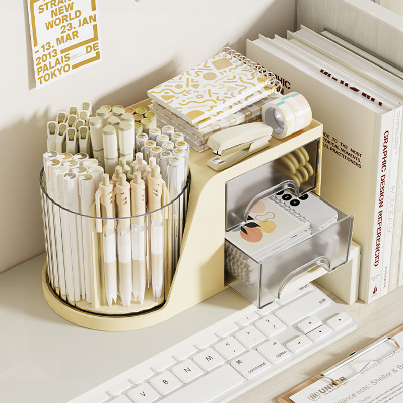 二合一多功能桌面旋转文具笔收纳筒抽屉式杂物收纳盒置物架书桌笔筒收纳架细节图