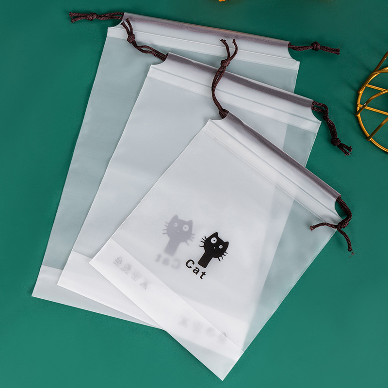 Kitten Drawstring Pocket Holiday Gift Bag Cute Cartoon Printed Travel Bag Translucent Frosted Bag details Picture