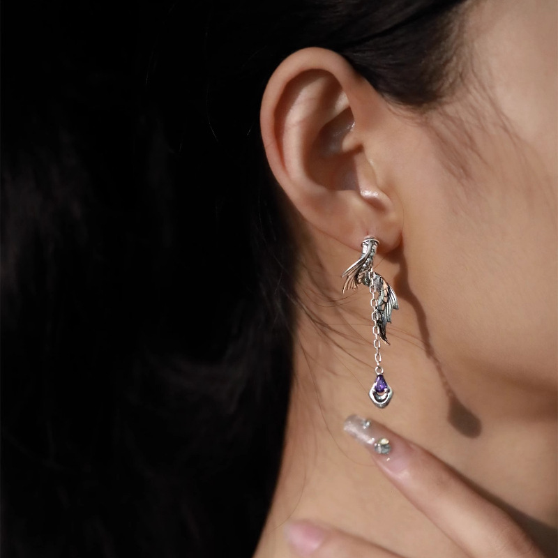 深海领主龙尾链条紫锆耳环女小众设计时尚个性潮酷925纯银针耳饰
