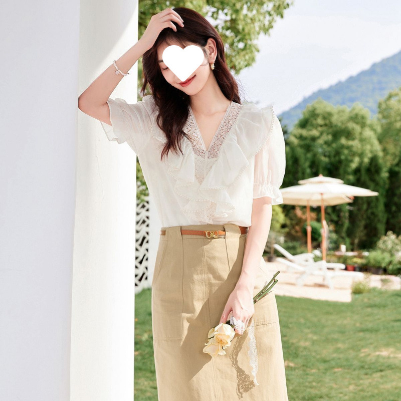 时尚慵懒风雪纺衫夏季新款领优雅高级荷叶领蕾丝衫
