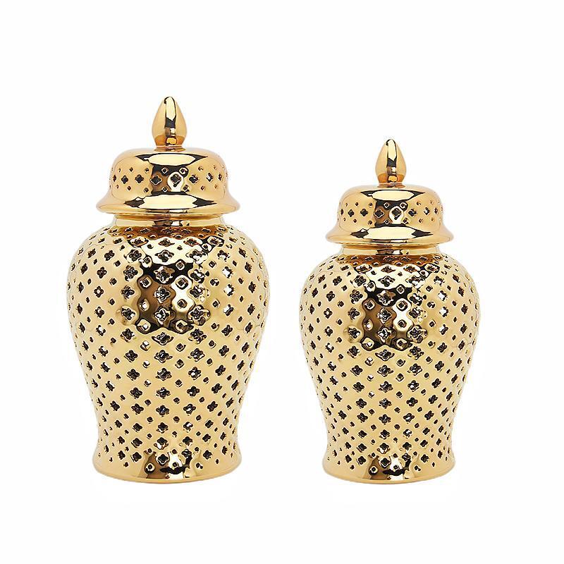 Light luxury metal ceramic golden general jar, hollowed-out storage jar, vase, European-style handicraft display item, Golden castle vase