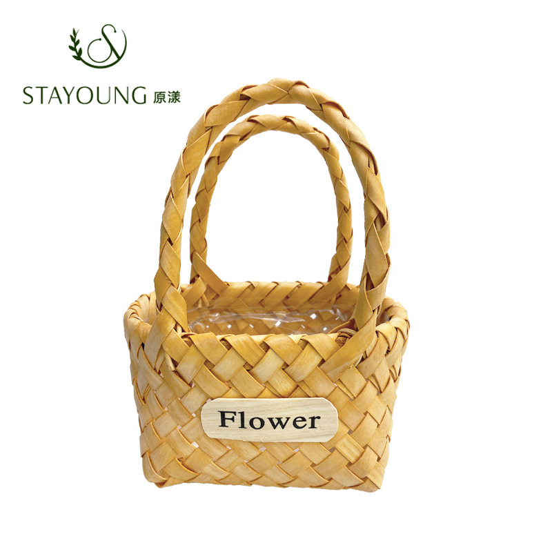 Yuanyang Korean-style rattan and wood chip basket, willow hand-held flower arrangement basket, hand-woven fruit basket, straw flower basket Item Picture