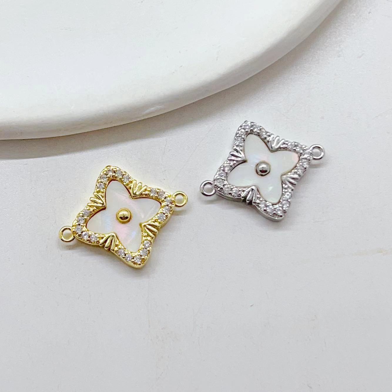 14K gold-plated color-preserving double-ring double-sided zircon micro-inlaid four-leaf clover link accessory diy handcrafted jewelry accessory