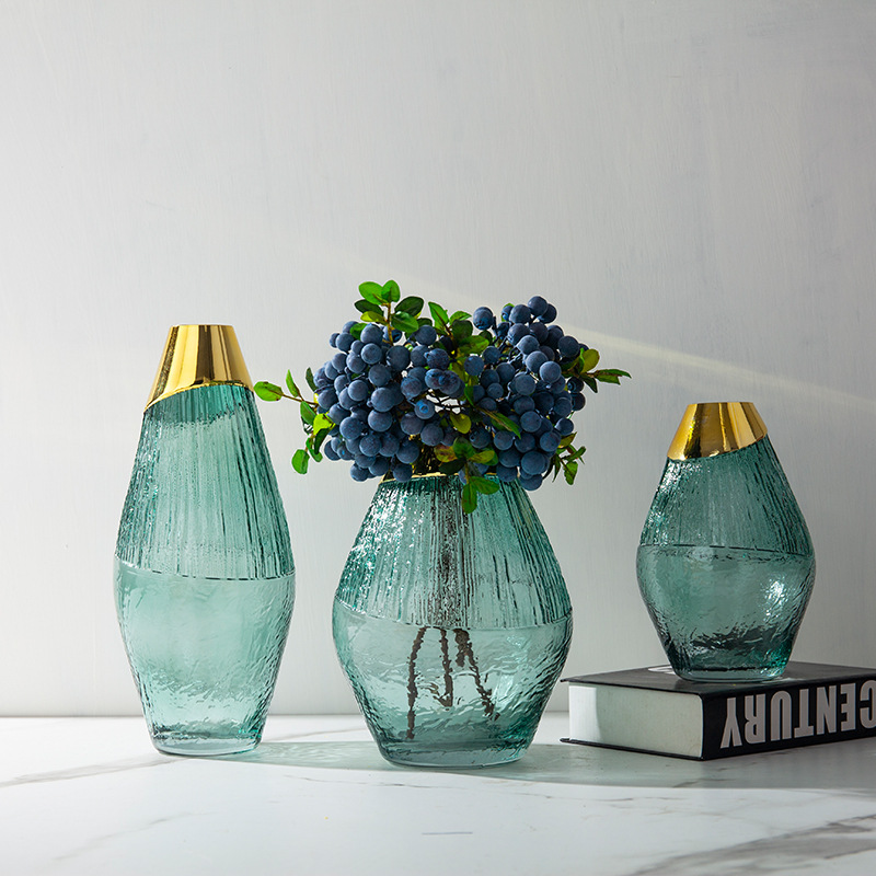 软装轻奢镀金玻璃花瓶摆件透明彩色插花瓶工艺品样板房家居装饰品详情图3