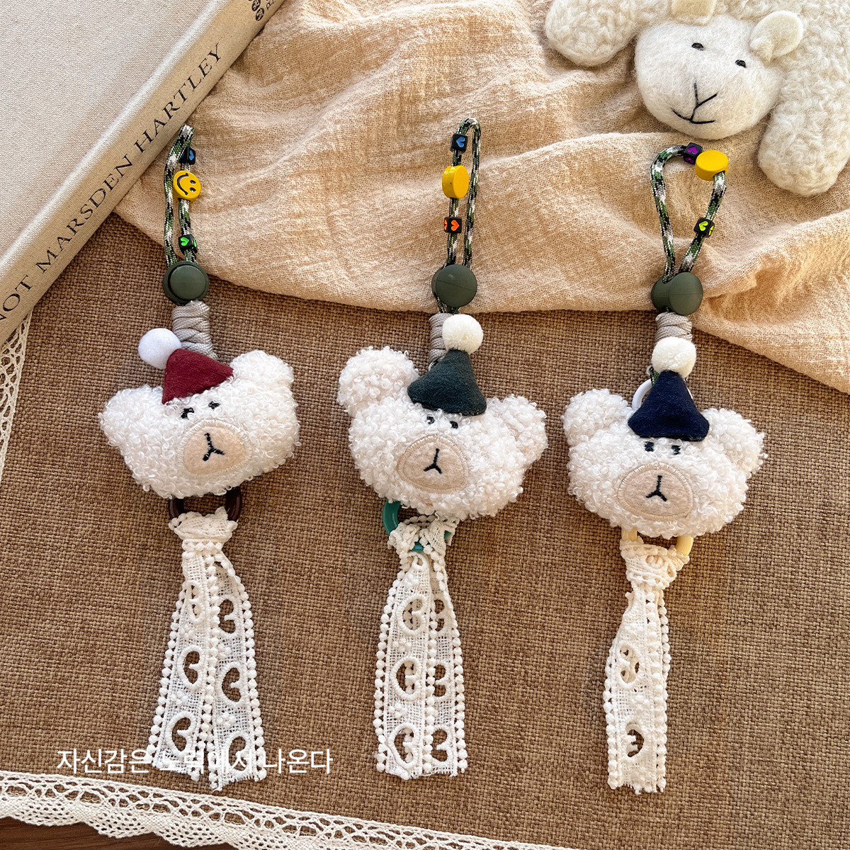New cute air conditioner bear with a hat, plush keychain pendant, backpack doll, lanyard, adjustable fashion item details Picture