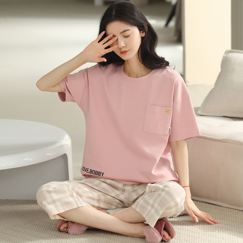 Pure cotton pajama women's summer set, fashionable large-sized, casual and cute knitted short-sleeved home wear wholesale, can be worn outside Application Scenario