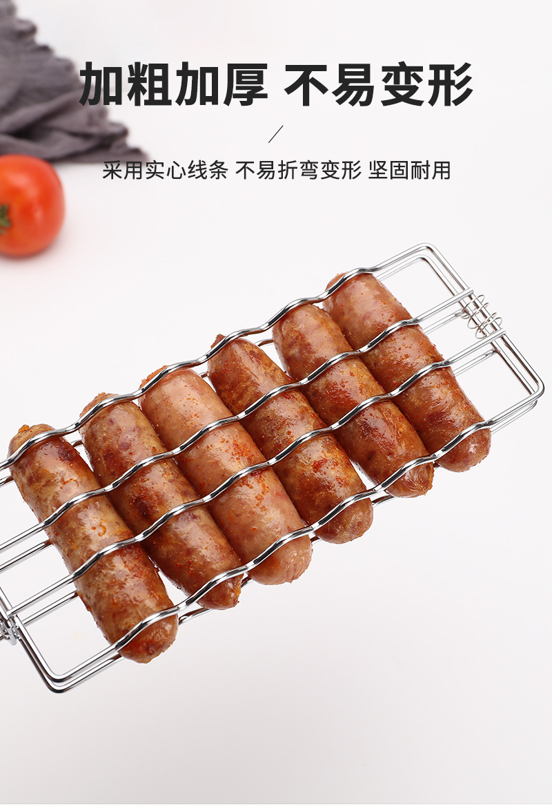 跨境户外木柄热狗烧烤夹不粘火腿香肠烤网多功能野营BBQ烧烤工具详情6
