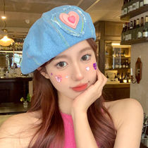 Japanese sweet peach girl Cute pink love cowboy Beret hat female spring niche painter hat