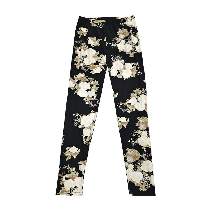 Autumn black base with large yellow flowers, leggings, women's brushed milk silk stretch skinny pants K1790 Item Picture