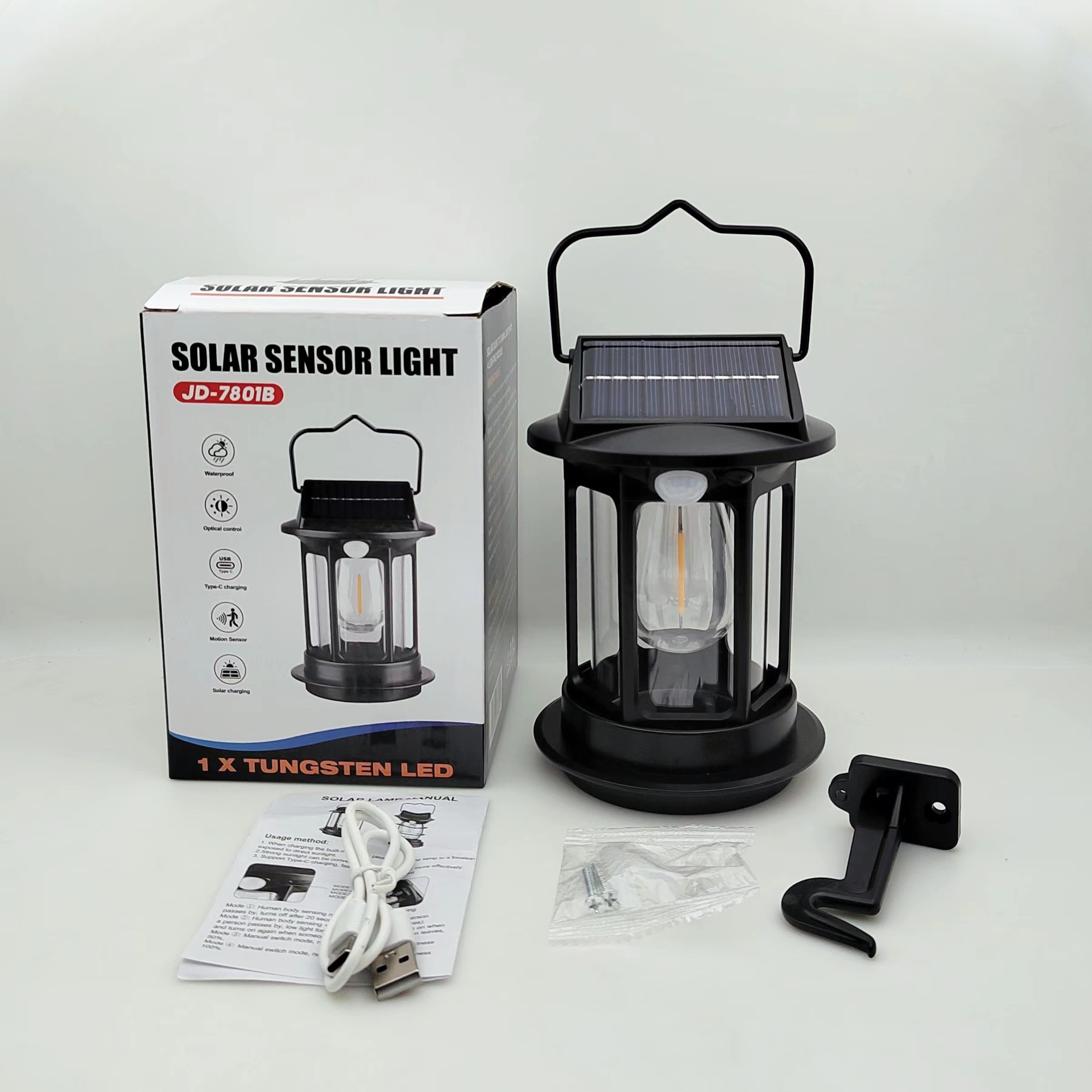 New outdoor retro solar sensor lamp, wall lamp, solar camping lamp, ambient lamp, Type-C charging Specification image