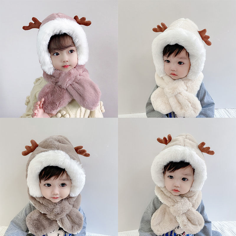 Autumn And Winter Children's Hats Scarf One Warm Santa Hat Baby Ear Protection Small Antler Hat Plush Hats For Boys And Girls