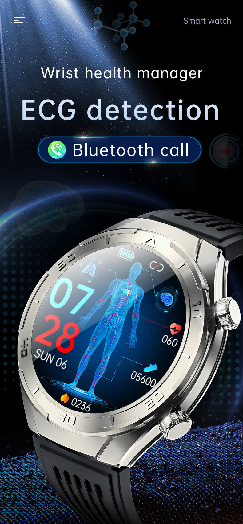 1.6inch金属CES睡眠心率血压血氧HRV压力尿酸血糖ECG心电通话手表详情7