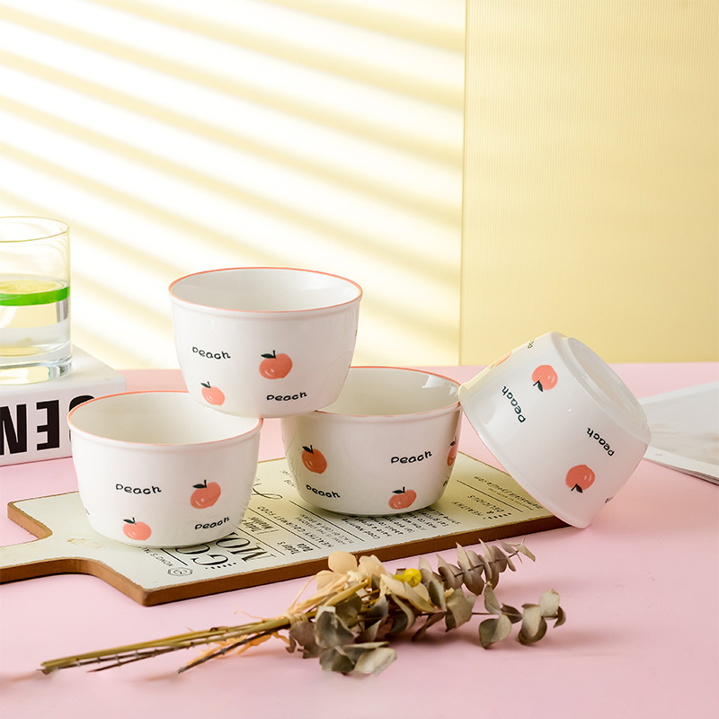 【4 Pieces 】 Peach Ceramic Rice Bowl Lovely Girl Heart Home Tableware Porcelain Bowl Bowl Plate Underglaze Color details Picture