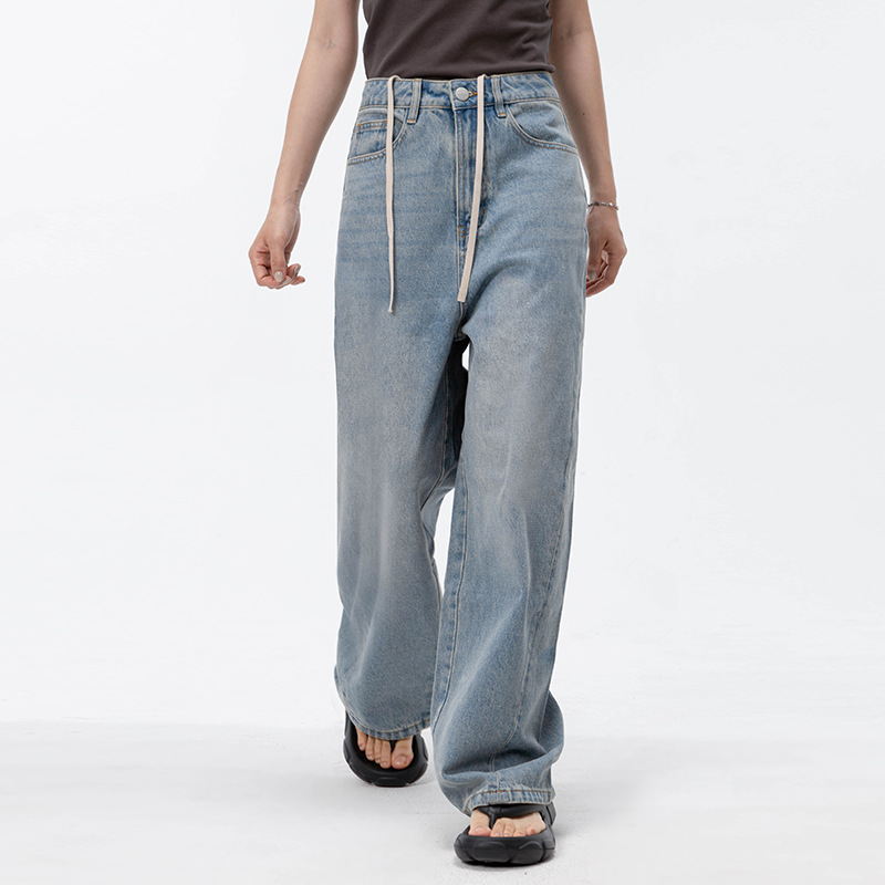 Mexg|2023Ss Medium High Waist Drawstring Loose Straight Leg Jeans Sayno Series Summer All-Match Casual Pants details Picture