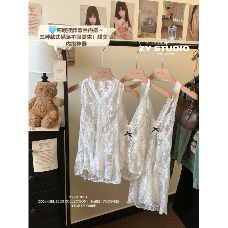 Pure and sexy lace halter dress for women's winter 2024 new style sleeveless layering waist-cinching bow short skirt Application Scenario