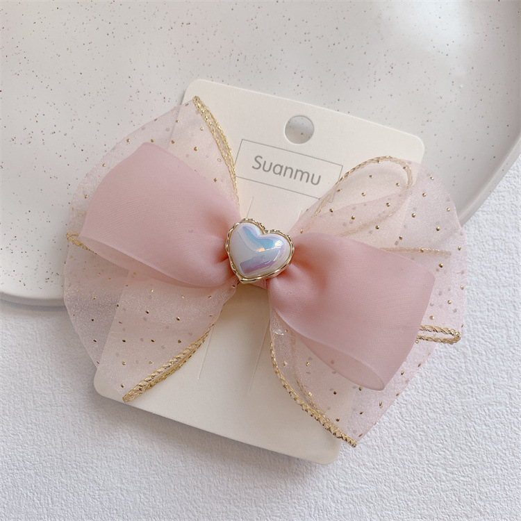 Children's Pink Mesh Stereoscopic Bow Hair Clip On The Edge Clip Girls Hair Band Hair Band Headstring Hair Accessories Specification drawing