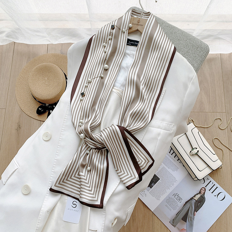 Strict Selection Of New Ins Style Simple Silk Scarf Double-Sided Stripes Imitation Silk Ribbon Satin Scarf Elegant Headband Wholesale
