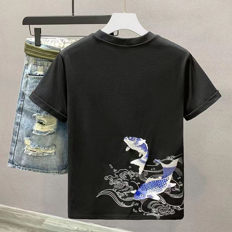 Summer embroidered fish Chinese style 2024 short-sleeved T-shirt for men, trendy men's wear, ins top, casual and loose T-shirt, Chinese style Specification image