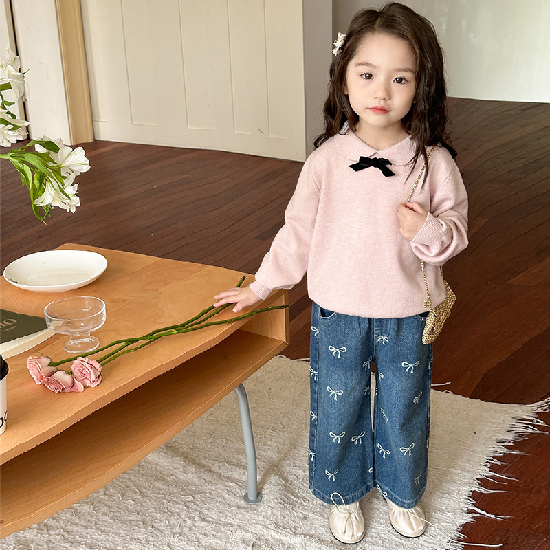 Girls' pants with bow print, wide-leg straight jeans, 2025 autumn new style, high-waisted loose for middle school girls details Picture