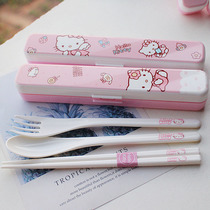 KT Cat Student Chopsticks abs Resin Set portable tableware 3-piece set with tableware box