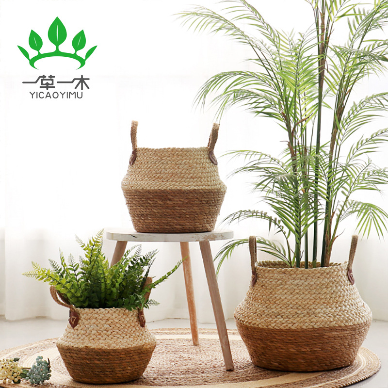 Amazon Grass Plant Flower Basket Storage Basket Hand-Woven Storage Basket Floor Dirty Clothes Storage Bamboo Basket Pot Set details Picture